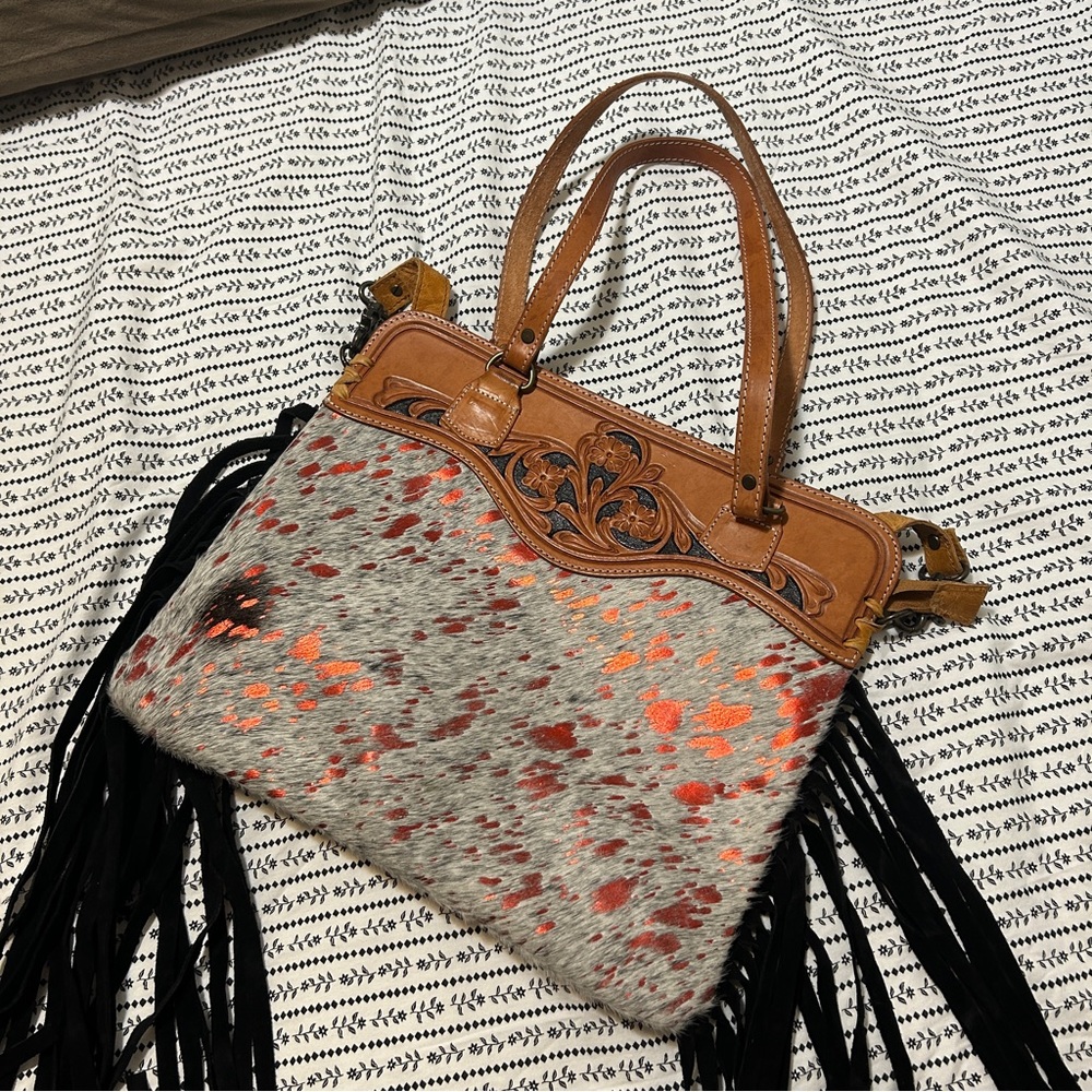 Tooled Leather, Hair on Hide & Fringe Western Purse